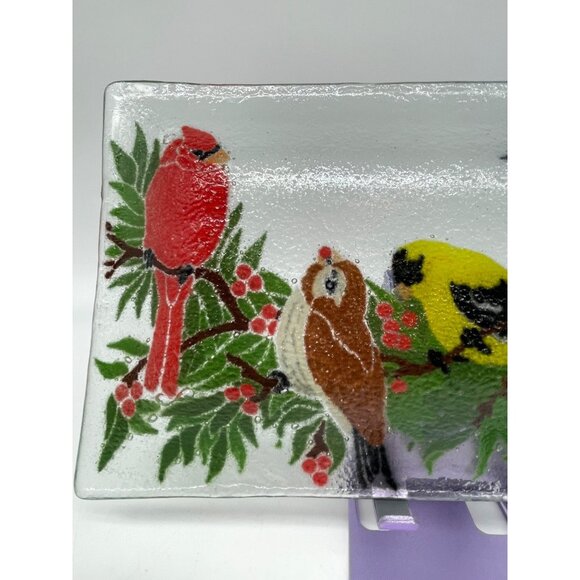 Peggy Karr Signed '05 Fused Glass Birds Holly Winter Design Approx 10"x 6" - Picture 6 of 11